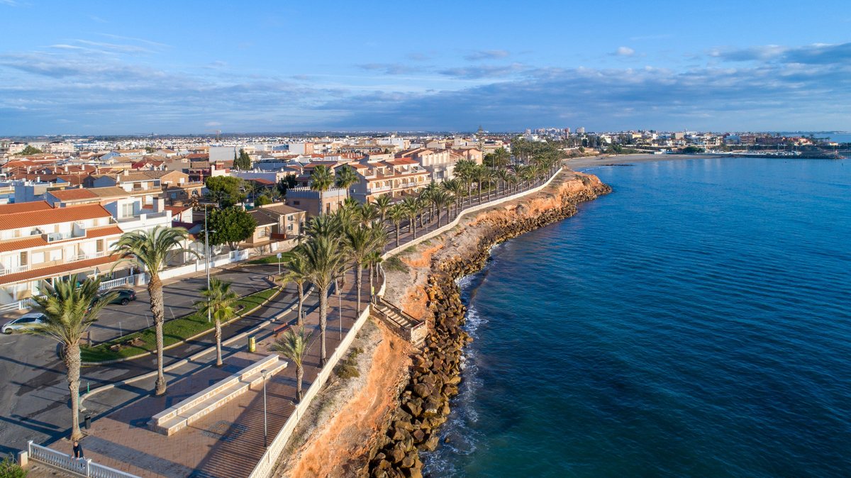 Aerial view of the coast near Pilar de la Horadada: a palm-lined promenade along the rocky shore and a marina
