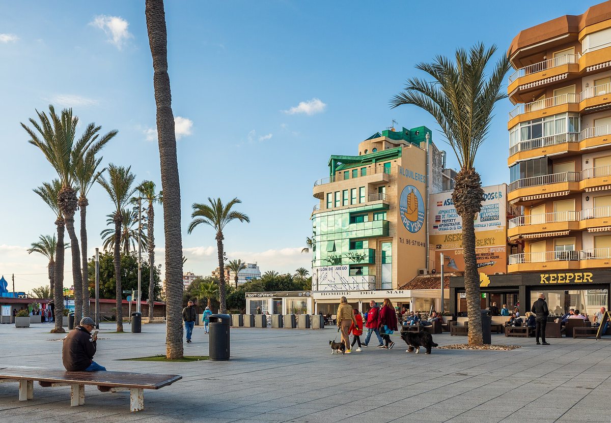 The Paseo Juan Aparicio seafront in Torrevieja with palm trees and terraces