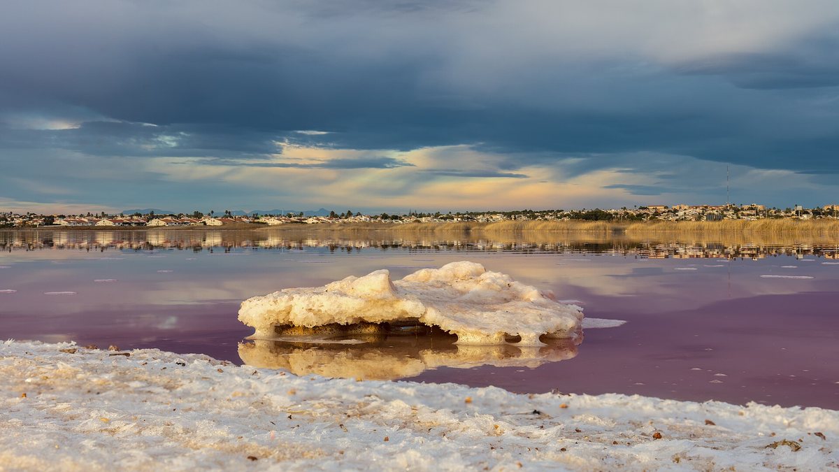 The pink salt lake of Torrevieja with salt crusts on the shore