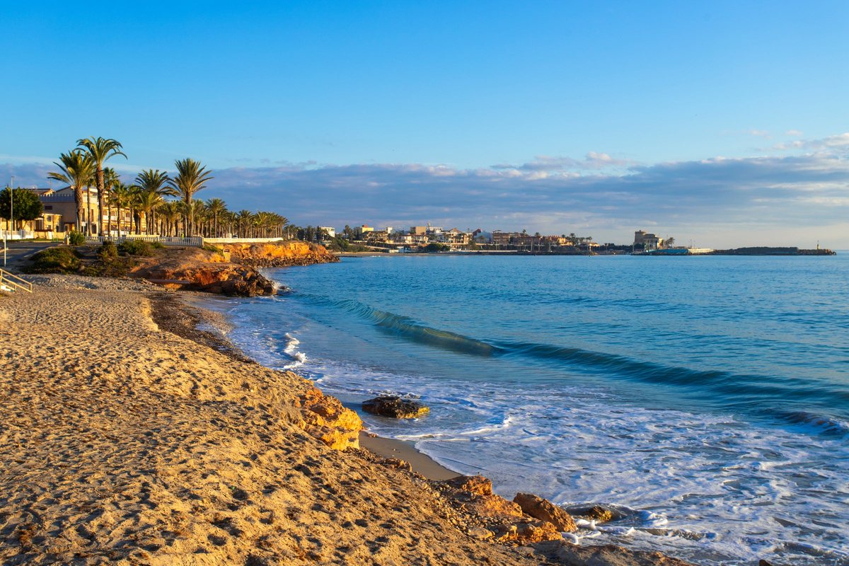 Sandy beach with palm trees and rocks in the soft evening light