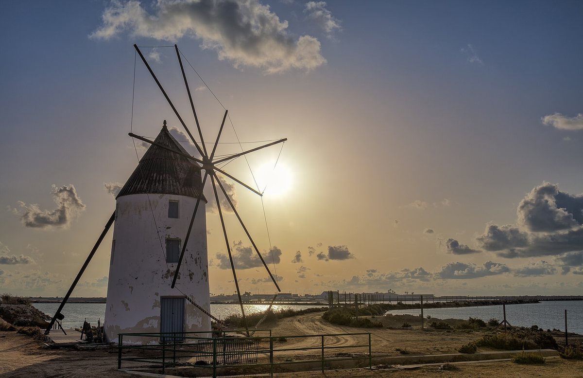 White windmill at Lo Pagán on the Mar Menor at sunset